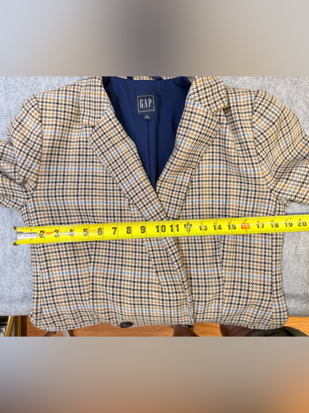 GAP Double Breasted Plaid Blazer Size 8 Wool Blend Houndstooth Blue Lined - Picture 8 of 11
